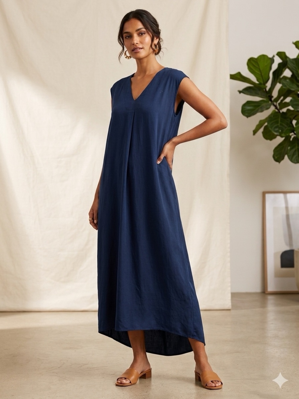 CP Shades cap sleeve V-neck maxi navy blue dress